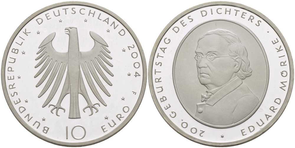 ФРГ 10 евро 2004 F, 200 лет со дня рождения Эдуарда Мёрике KM 233, DE.S. 10.16 серебро PROOF 413-6531