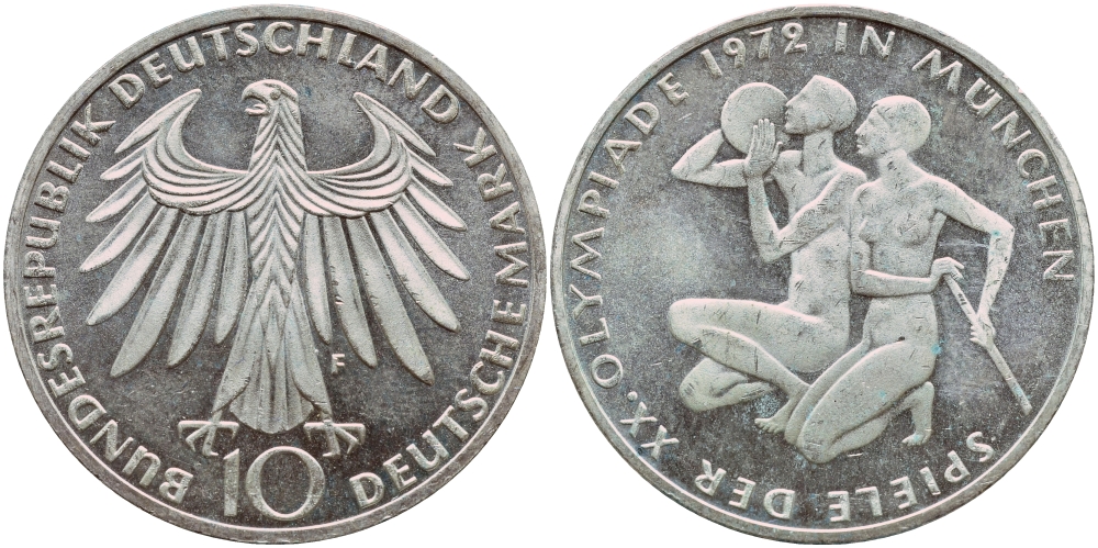 ФРГ 10 марок 1972 F, XX летние Олимпийские Игры, Мюнхен 1972, спортсмены KM 132, J.403 серебро aUNC 1522-414