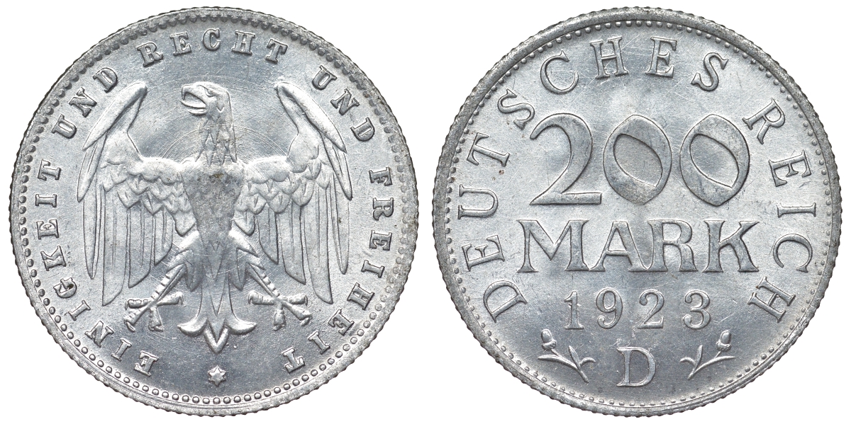 Германия 200 марок 1923 D KM 35, J. 304, Weege 22 алюминий 4121-235