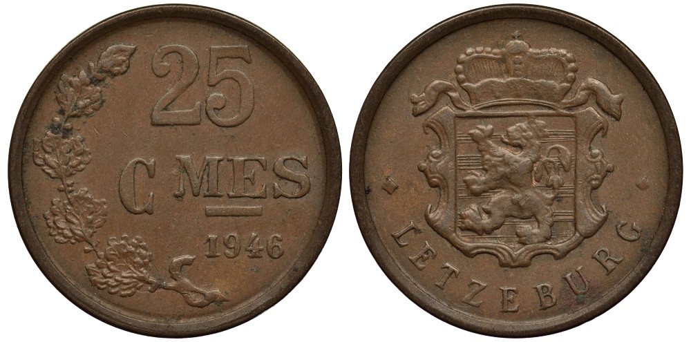 Люксембург 25 сантимов 1946 Шарлотта (1918-1964) KM 45 бронза 4538-834