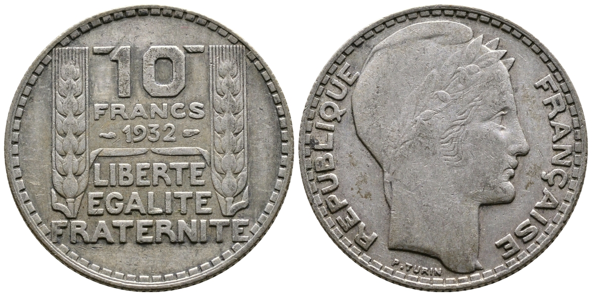 Франция 10 франков 1932 Пьер Тюрен KM 878, Le Franc 360.5 серебро 79-1535