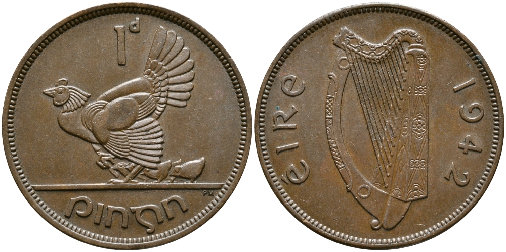ИРЛАНДИЯ 1 ПЕННИ 1942 КУРИЦА С ЦЫПЛЯТАМИ KM 11 бронза 4389-823
