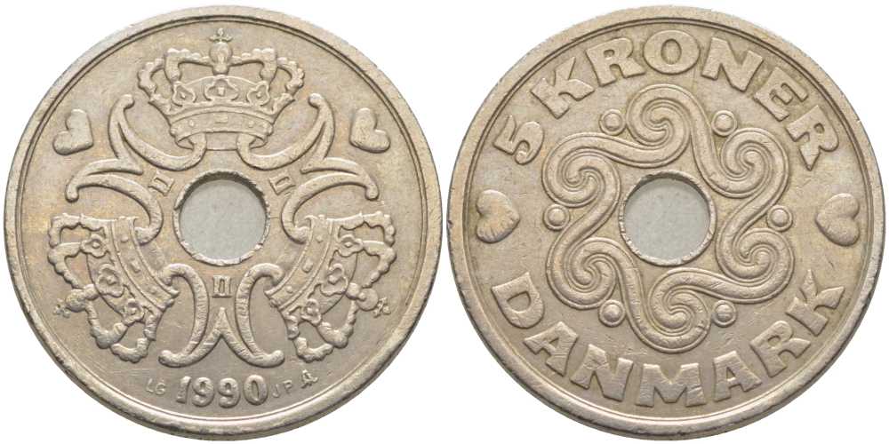 ДАНИЯ 5 КРОН 1990 LG; JP; A, МАРГРЕТЕ II (1972-) KM 869.1 медно-никель 109-1032
