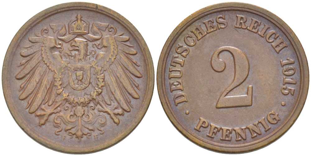 ГЕРМАНИЯ 2 ПФЕННИГА 1915 F KM 16, J. 11, Weege 4 медь 206-652