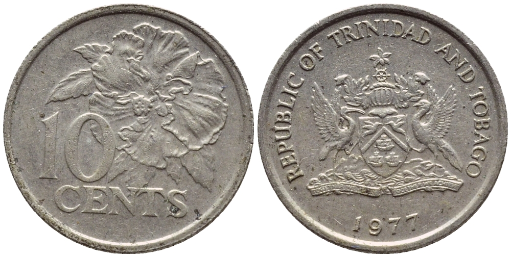 Тринидад и Тобаго 10 центов 1977 цветок гибискуса KM 31 медно-никель 4396-855