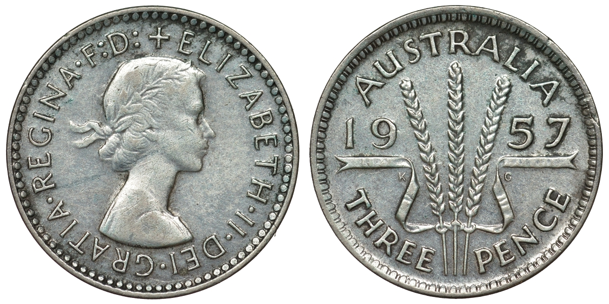 Австралия 3 пенса 1957 m, Елизавета II (1952-2022) KM 57 серебро 71-465