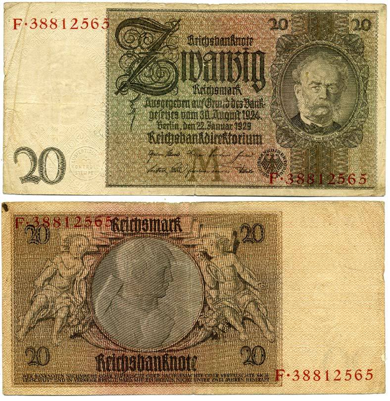 ГЕРМАНИЯ 20 РЕЙХСМАРОК 1929 Pick 181a бумага 3295-81-2