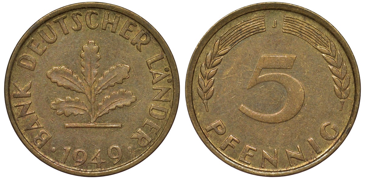ФРГ 5 пфеннигов 1949 J KM 102 сталь плакированная бронзой 4164-256