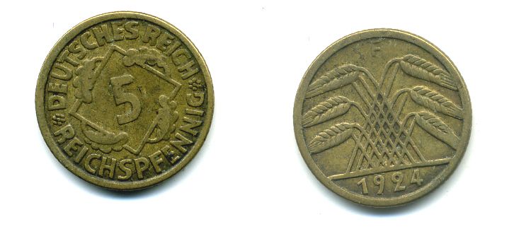 ГЕРМАНИЯ 5 РЕЙХСПФЕННИГОВ 1924 F, KM 39, J. 316 алюминиевая бронза 46-2146