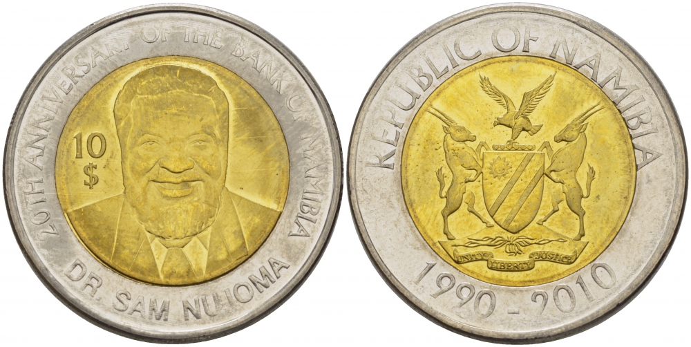 Намибия 10 долларов 2010 20 лет банку Намибии биметалл KM NEW UNC 32-122