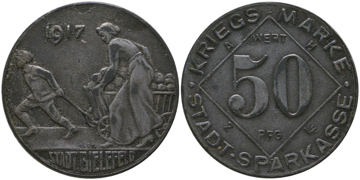 Билефельд (Бавария) 50 пфенингов 1917 Funck 40.4, Men05 2775.10, Men18 3552.10 цинк 4163-837