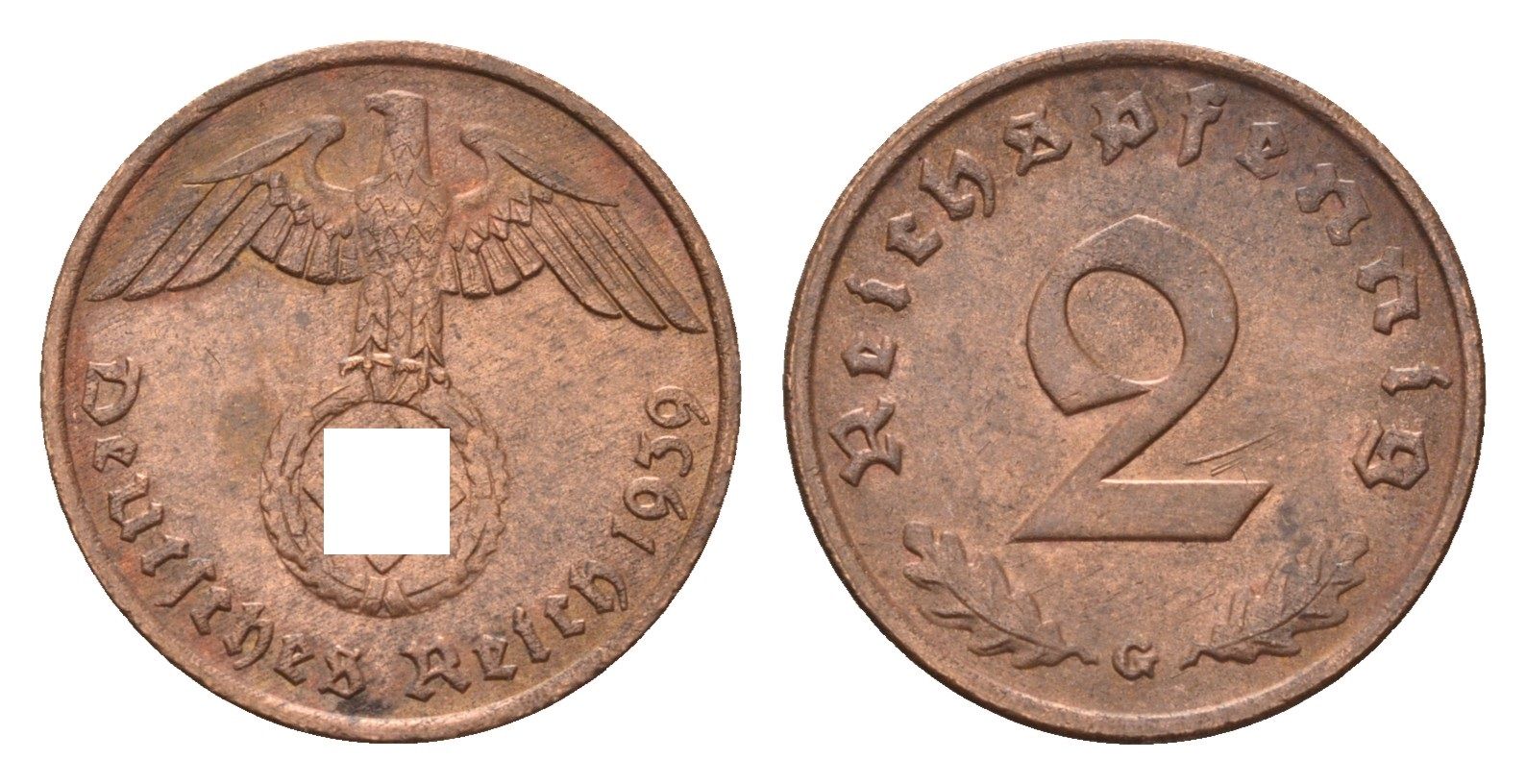 Германия 2 рейхспфеннига 1939 G KM 90, J. 362 бронза 4674-1043