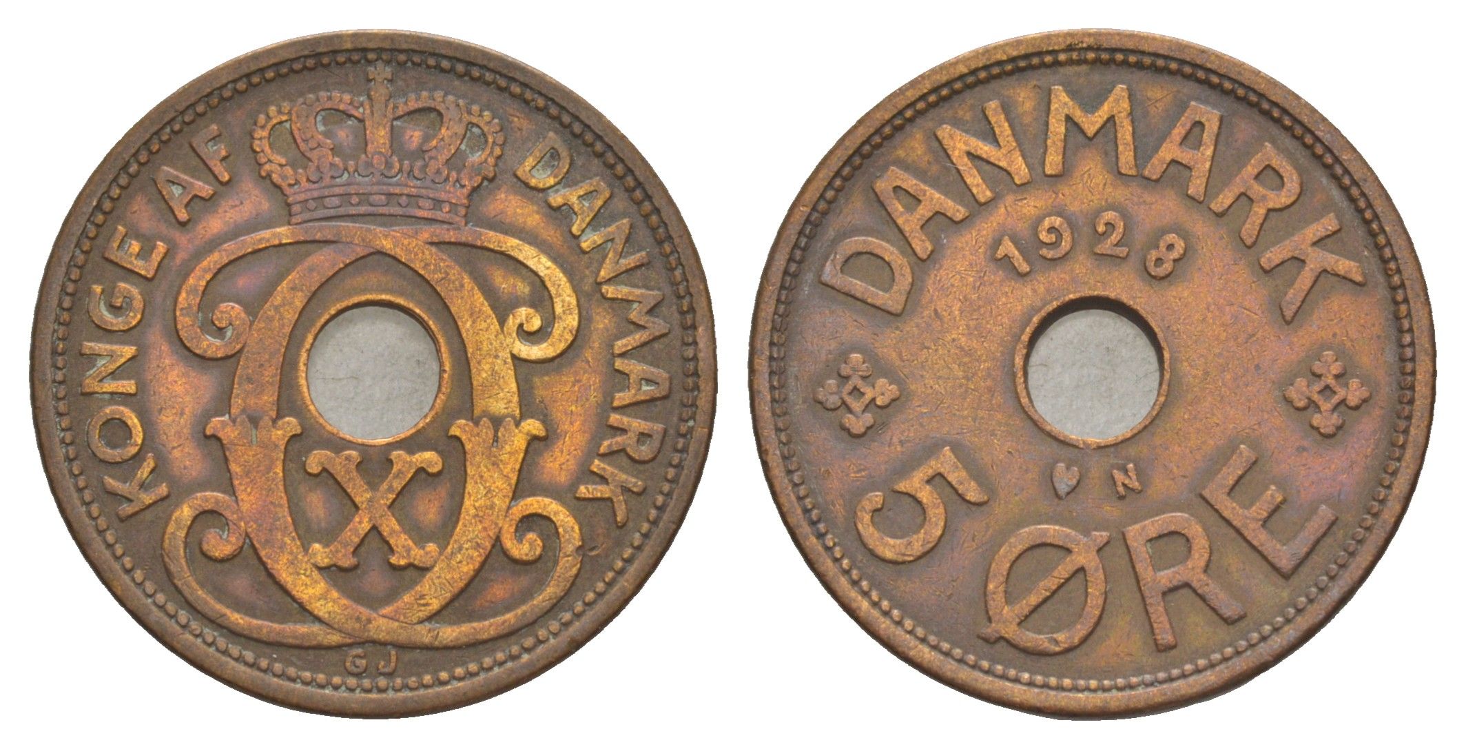 Дания 5 эре 1928 N, Кристиан X (1912-1947) KM 828 бронза 4638-622