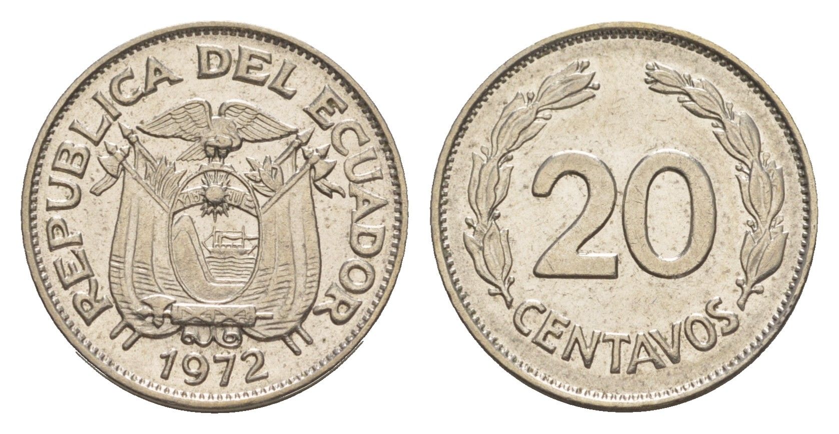 Эквадор 20 сентаво 1972 KM 77.1c сталь плакированная никелем 4640-1233