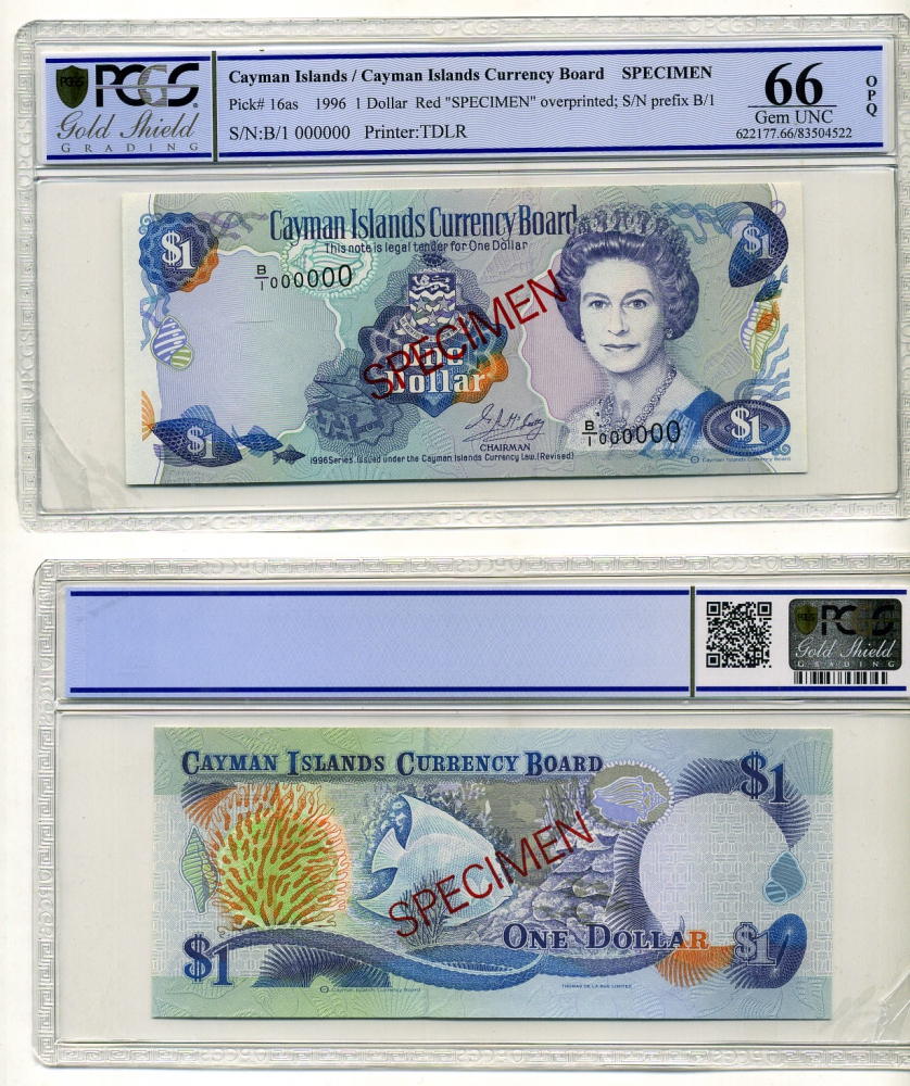 Каймановы острова набор из 5 банкнот 1996 образец, Specimen, в слабах PCGS: 1 доллар 66 Gem UNC, 5 долларов 66 Gem UNC, 10 долларов 67 Superb Gem UNC, 25 долларов 67 Superb Gem UNC, 100 долларов 66 Gem UNC 452-1-46