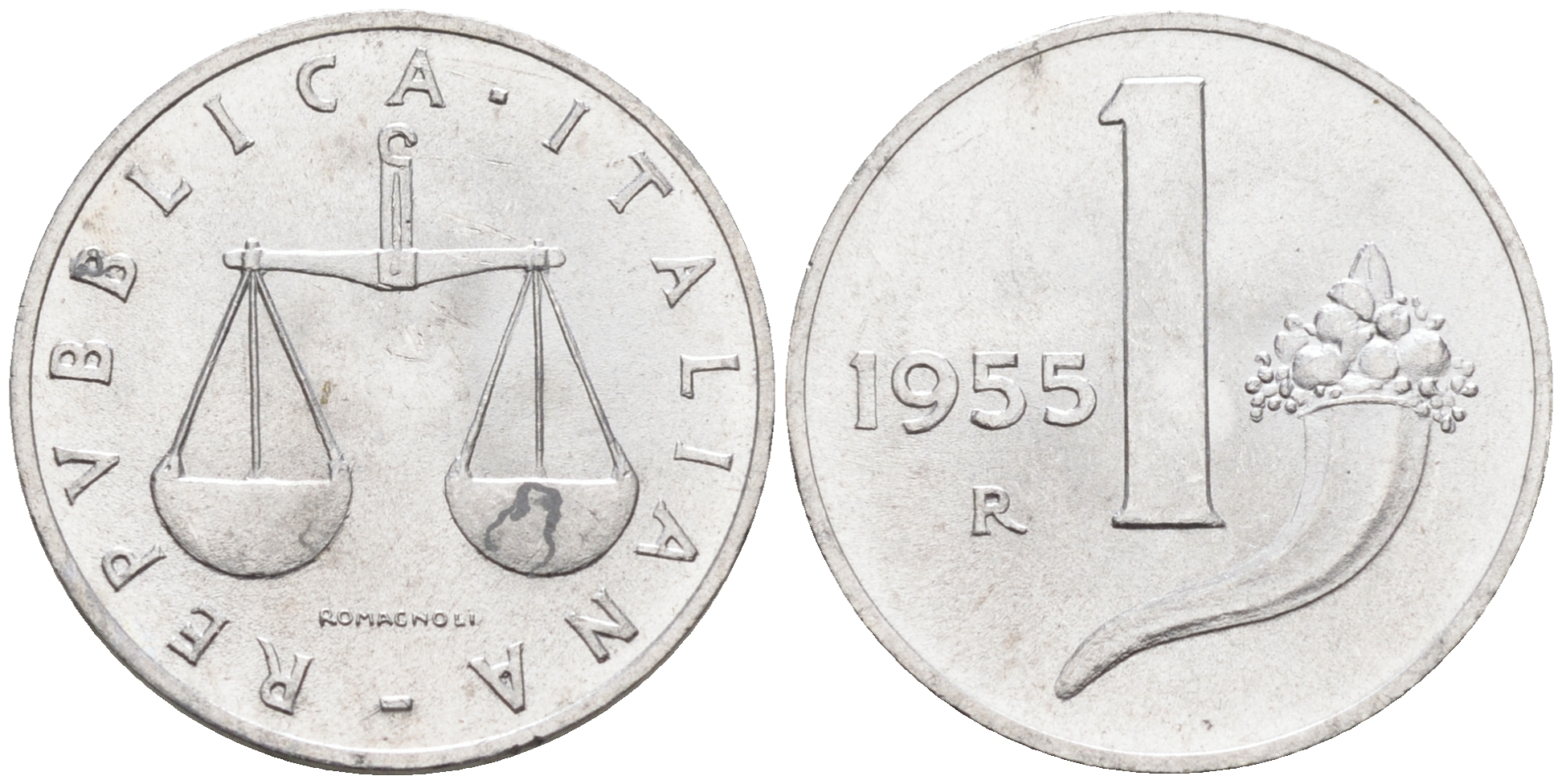 Италия 1 лира 1955 R, весы KM 91 алюминий  UNC  4594-734