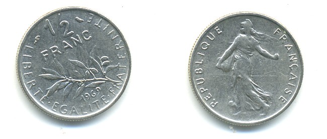 ФРАНЦИЯ 1/2 ФРАНКА 1969 KM 931.1 никель 25-832