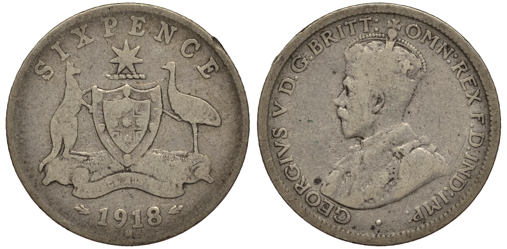 Австралия 6 пенсов 1918 Георг V (1910-1936), герб Австралии, редкий год KM 25 серебро 272-511