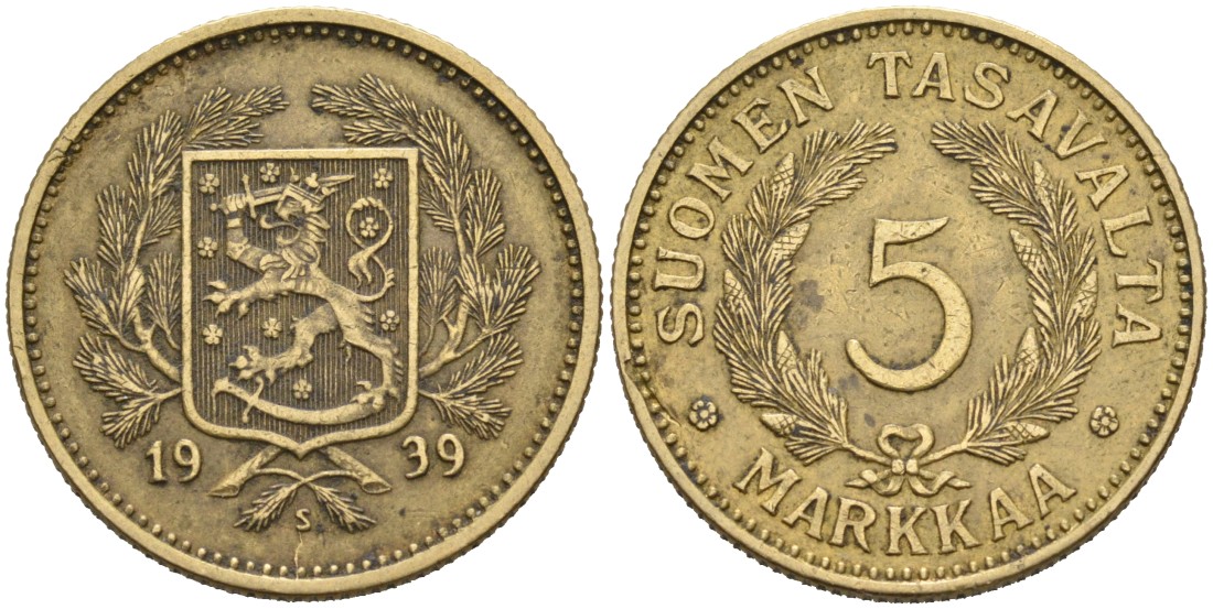 Финляндия 5 марок 1939 S KM 31 алюминиевая бронза 4563-351