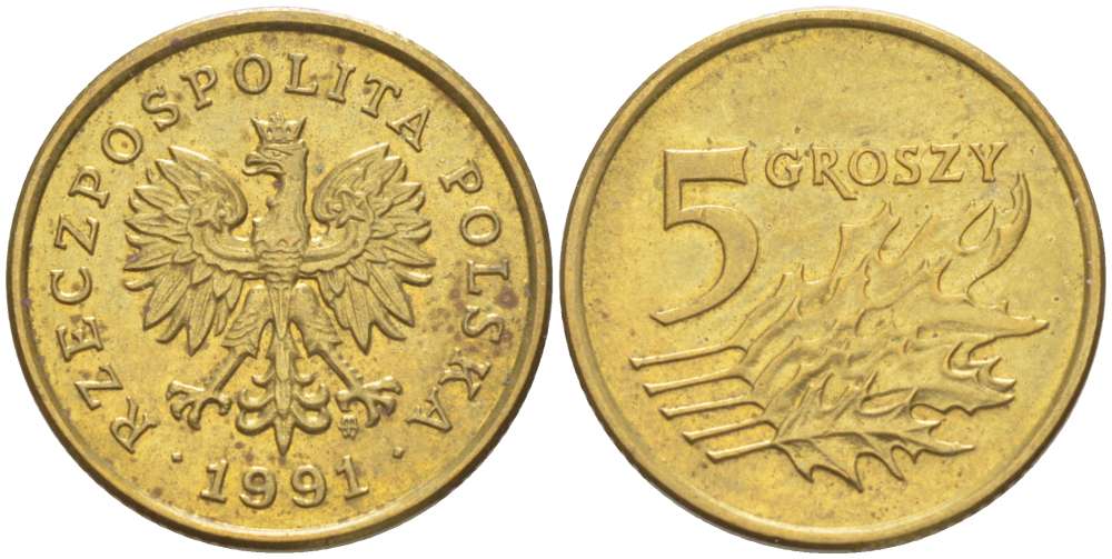 ПОЛЬША 5 ГРОШЕЙ 1991 MW KM 278 латунь 4516-741