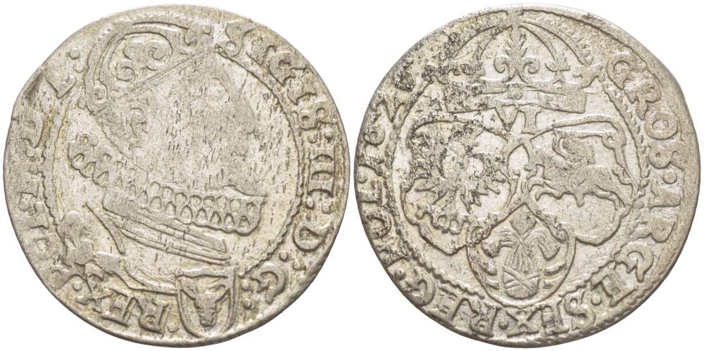 Польша 6 грошей (шостак) 1626 Сигизмунд III Ваза (1587-1632), великий подскарбий  Иероним Лигезый (1624-1632) герб Пулкозиц, вес 3,51 гр. KM 42, Gumowski 1167 серебро 1517-942