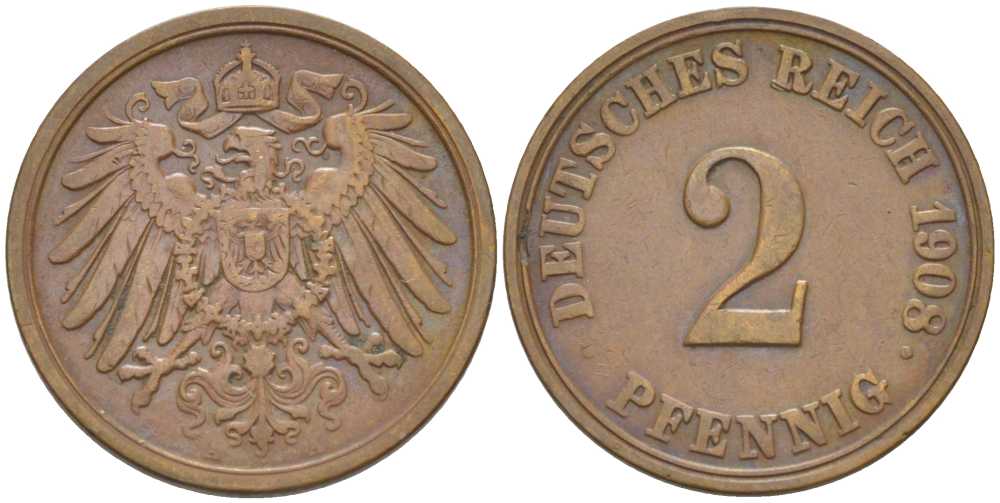 ГЕРМАНИЯ 2 ПФЕННИГА 1908 A KM 16, J. 11, Weege 4 медь 206-547