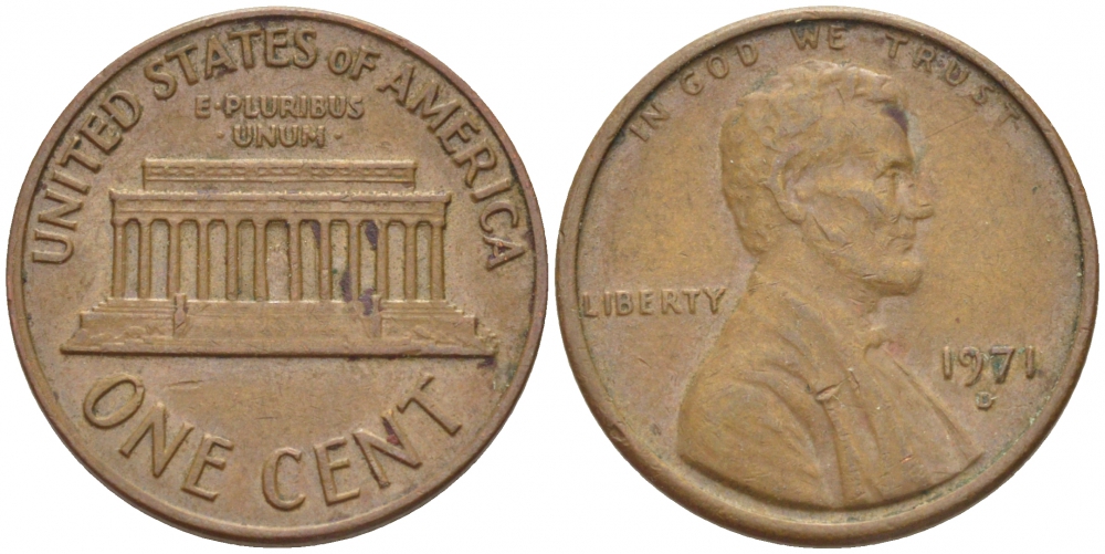 США 1 ЦЕНТ 1971 D, ЛИНКОЛЬН KM 201 медь цинк 3851-1029