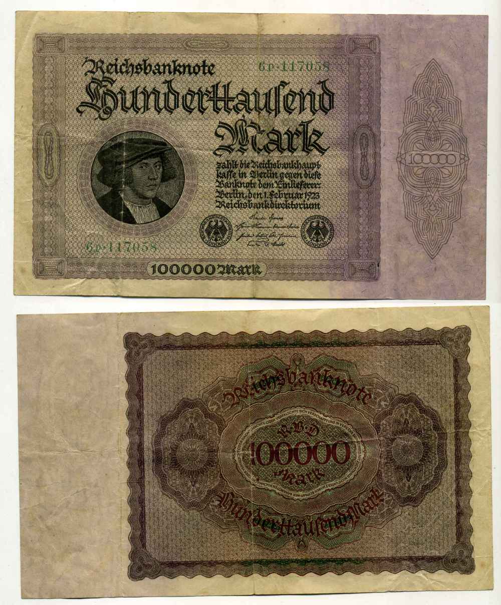 Германия 100000 марок 1923 Георг Гизе, без T под портретом, 6 цифр в номере, серия буквы и цифры Pick 83 бумага 8589-55-3-2