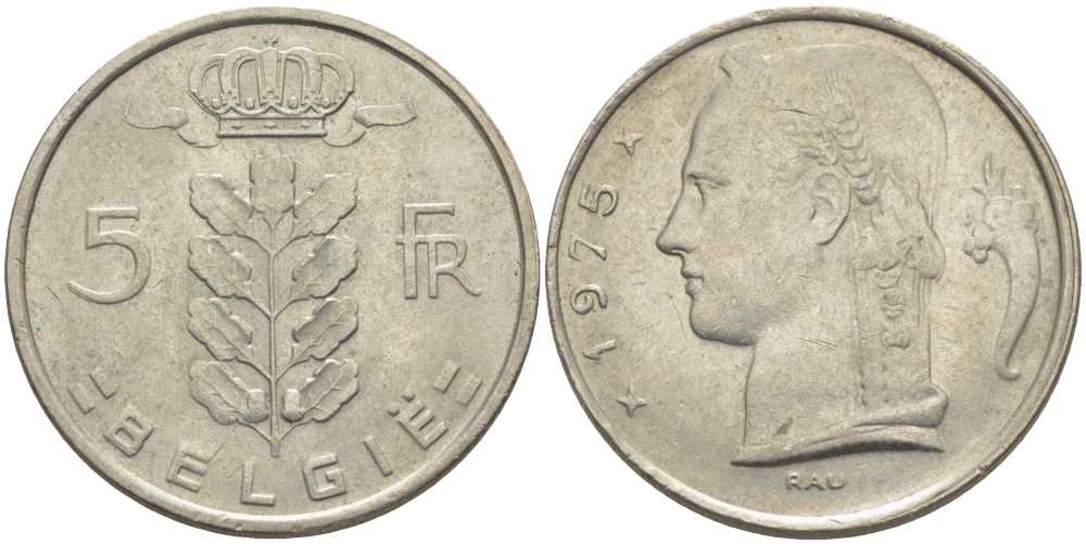 Бельгия 5 франков 1975 Belgie, Бодуэн I (1951-1993) KM 135.1 медно-никель 119-835