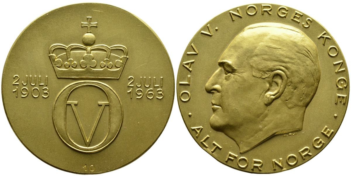 Норвегия медаль 1963 на 60 летие Олафа V, H. RUI, 40 мм, 42,0 гр, тираж 61 экземпляр (№ 10) золото UNC 10-002-08