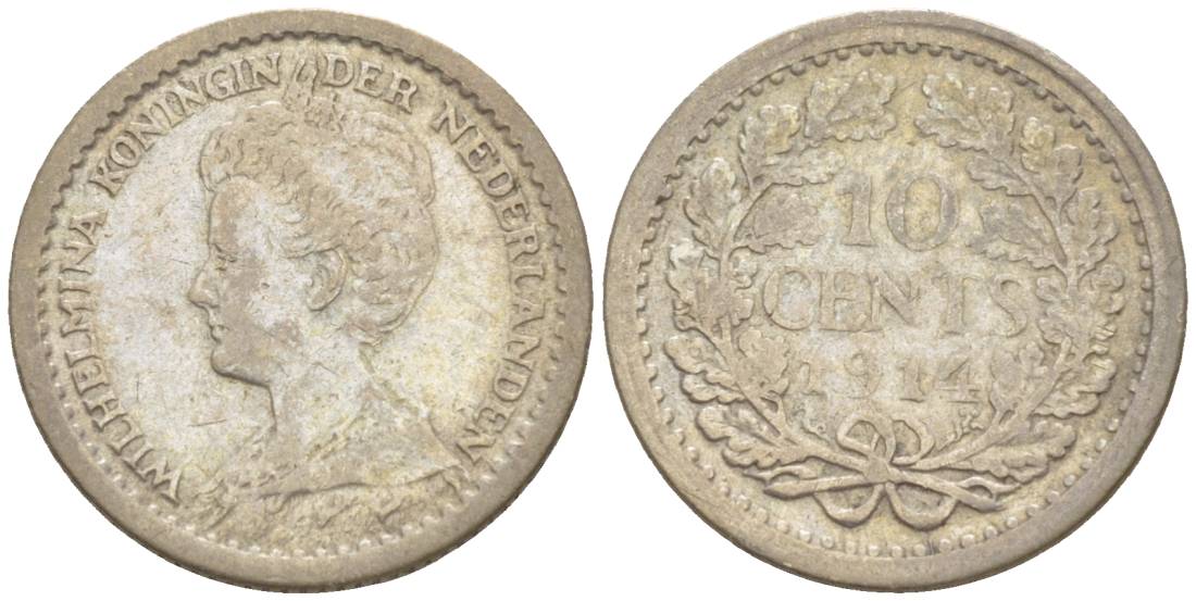 Нидерланды 10 центов 1914 Вильгельмина I (1890-1948) KM 145 серебро 4532-1157