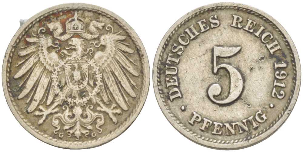 ГЕРМАНИЯ 5 ПФЕННИГОВ 1912 G KM 11, J. 12 медно-никель 105-156