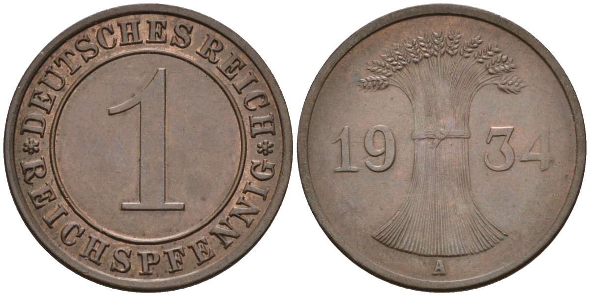 Германия 1 рейхспфенниг 1934 A KM 37, J.313, Weege 2 медь 4585-627