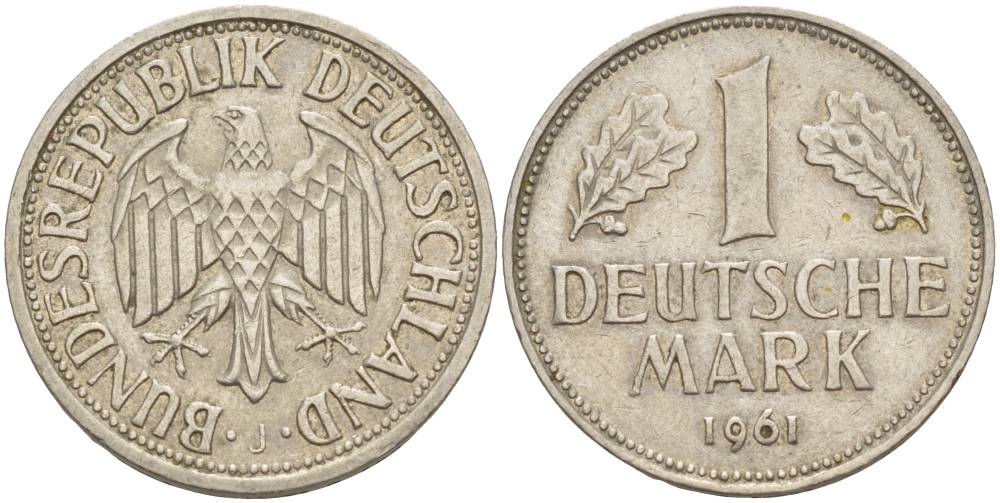 ФРГ 1 МАРКА 1961 F KM 110, J. 385 медно-никель 4551-1243