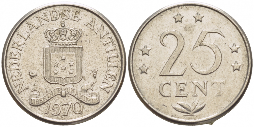 Нидерландские Антилы 25 центов 1970 Юлиана (1948-1980) KM 11 никель 3309-621