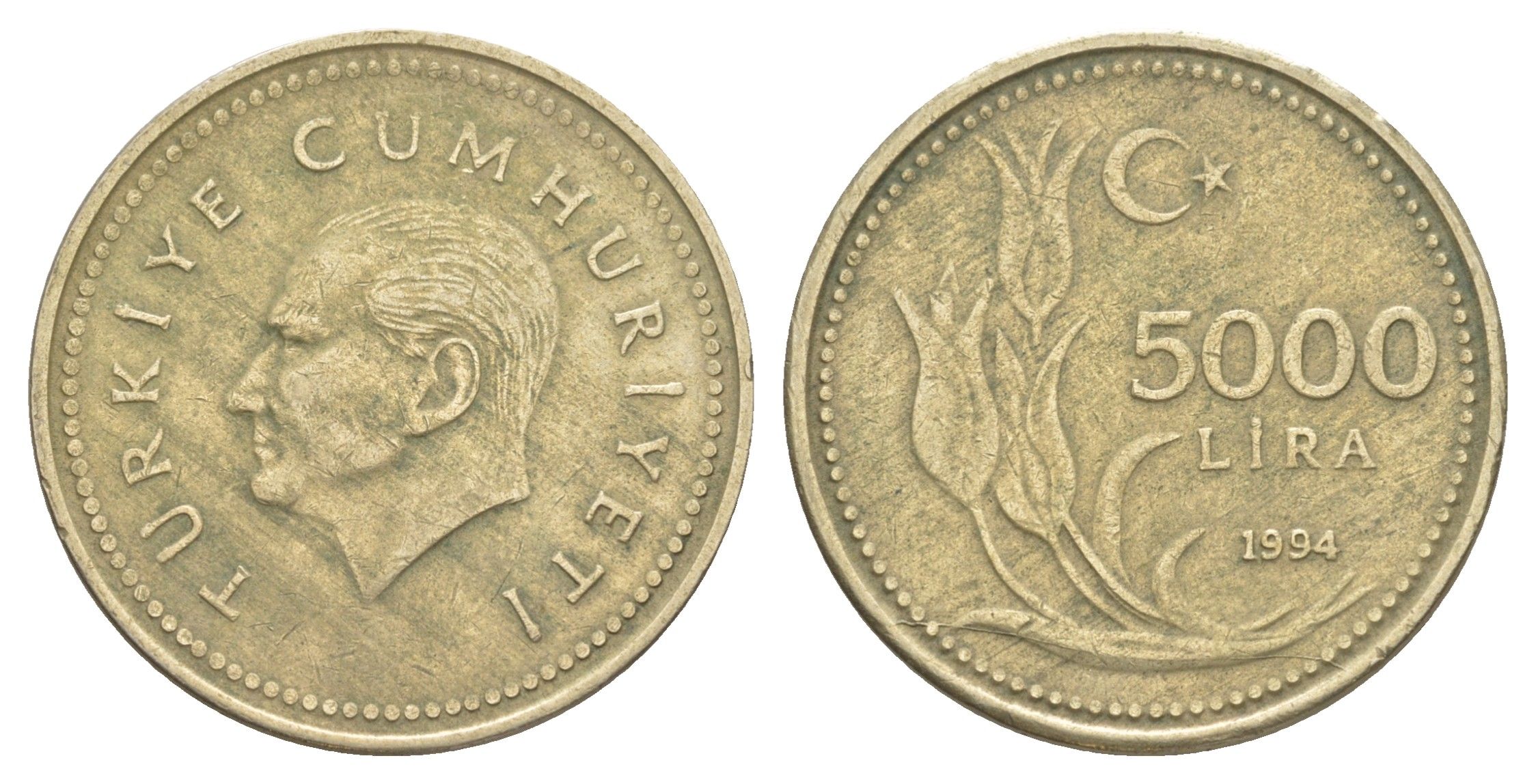 Турция 5000 лир 1994 Кемаль Ататюрк KM 1025 никель латунь 4577-942