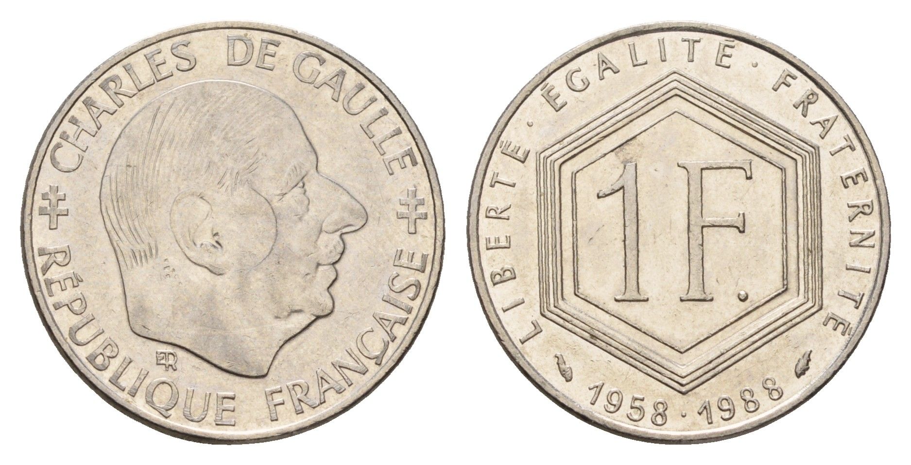 Франция 1 франк 1988 30 лет Пятой Республике, Шарль де Голль KM 963, Le Franc 227.2 никель 3459-824