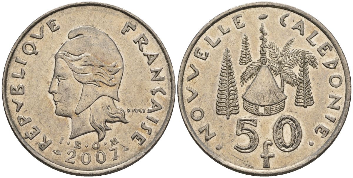 Французская Новая Каледония 50 франков 2007 хижина среди сосен и пальм, (IEOM) KM 13a, Schoen 15a, Lec 128i медно-никель 4111-112