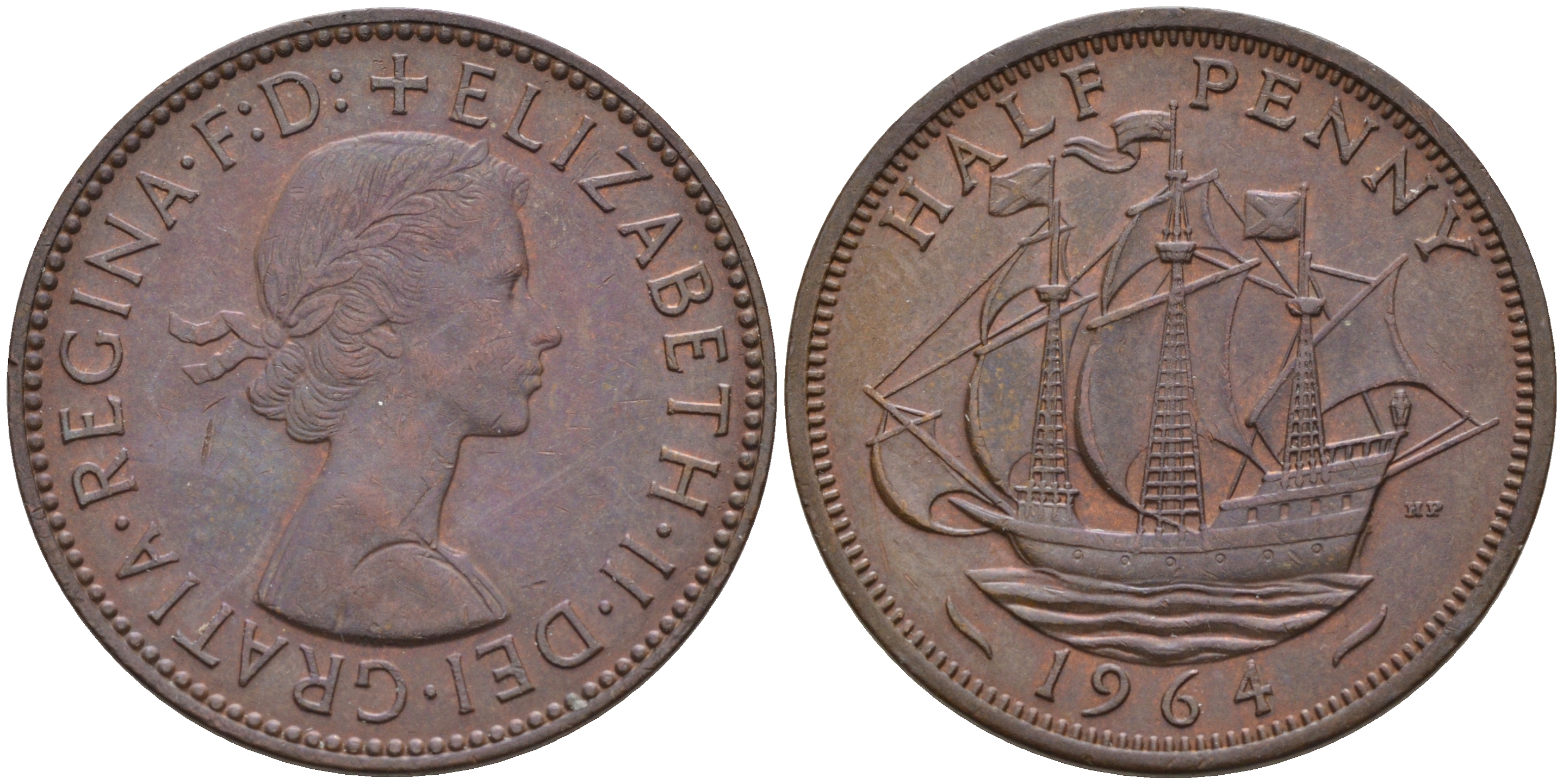 Великобритания 1/2 пенни 1964 Елизавета II (1952-2022) KM 896, Spink 4158 бронза 4592-431