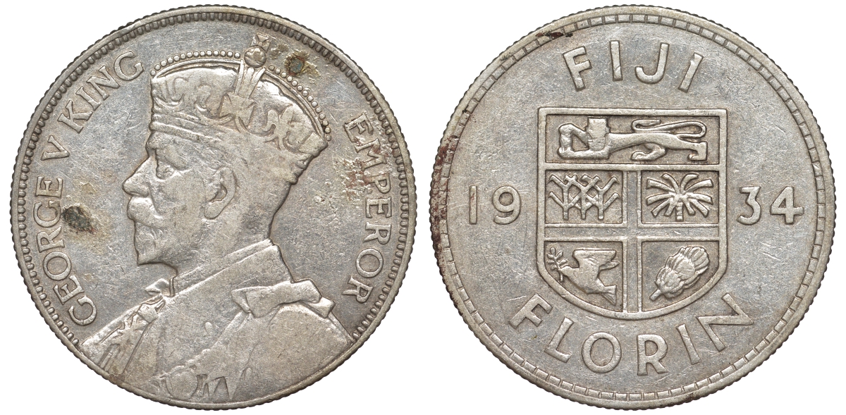 Фиджи 1 флорин 1934 Георг V (1910-1936), герб Фиджи KM 5 серебро 91-1245