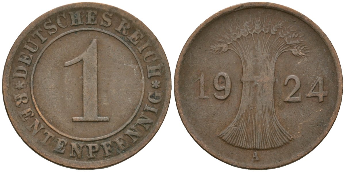 Германия 1 рентенпфенниг 1924 A KM 30, J. 306 бронза 4608-313