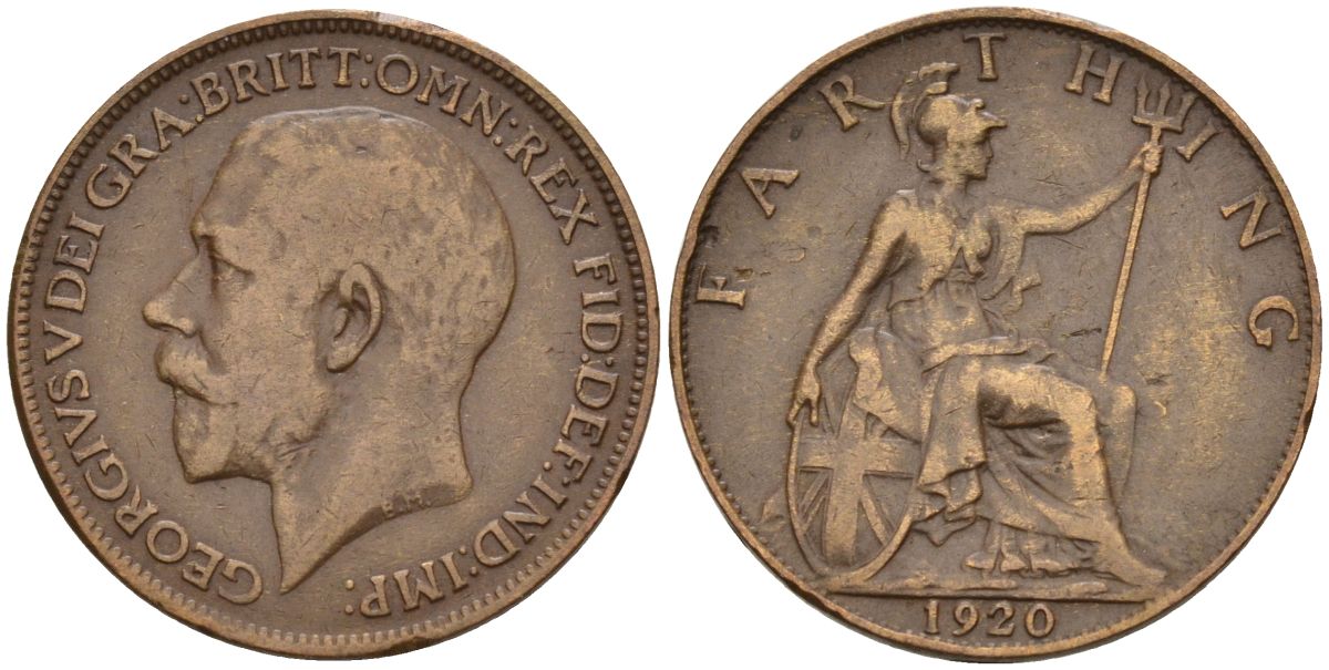 Великобритания 1 фартинг 1920 Георг V (1910-1936), светлая отделка KM 808.2, Spink 4060 бронза 4154-248