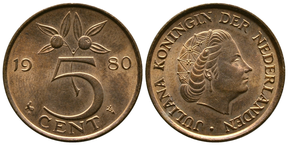Нидерланды 5 центов 1980 Юлиана (1948-1980) KM 181 бронза 177-137
