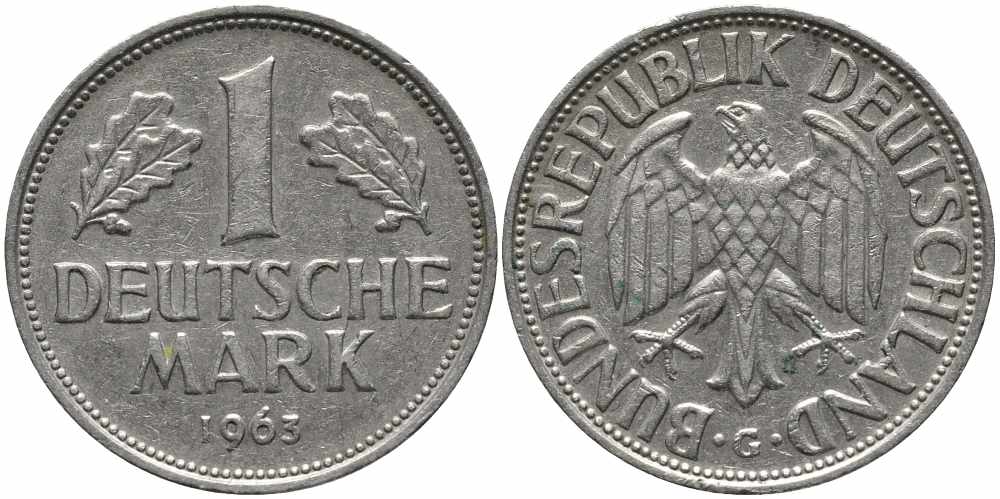 ФРГ 1 МАРКА 1963 G KM 110, J. 385 медно-никель 113-213