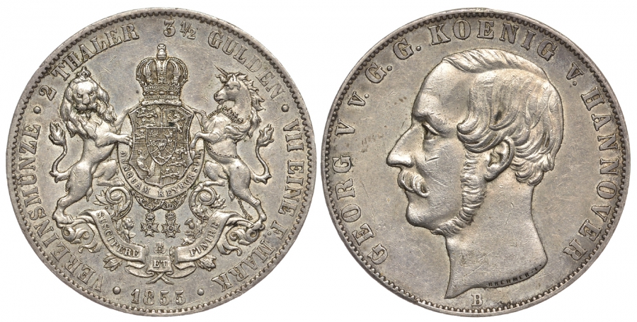 Ганновер 2 талера - 3 1/2 гульдена 1855 В, Георг V (1851-1866) KM 229 серебро 00-000-00