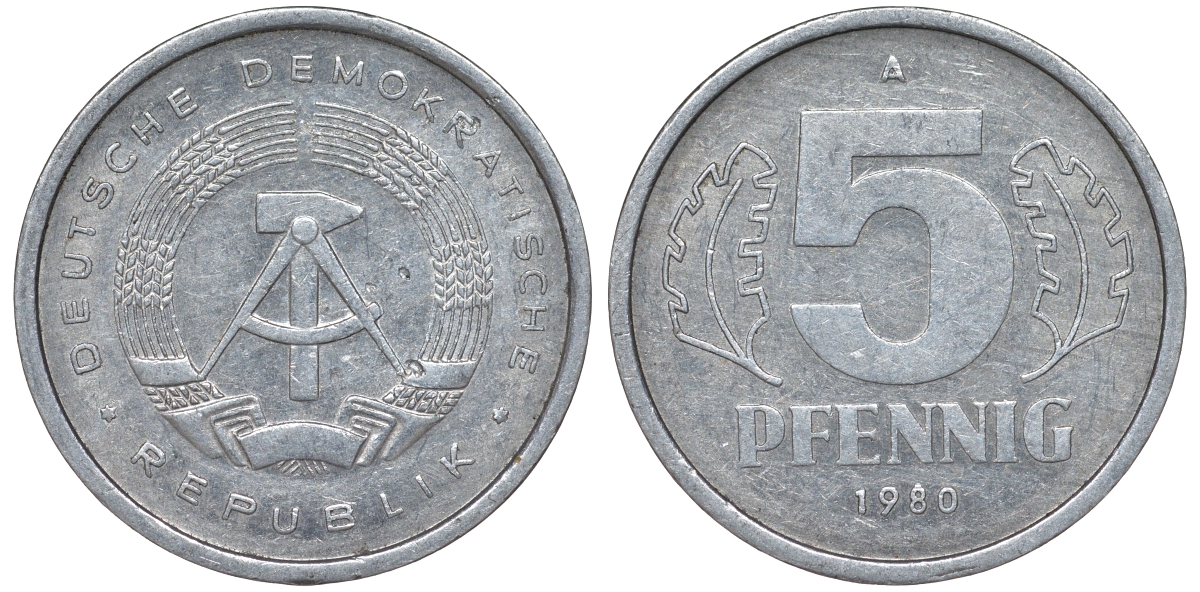 ГДР 5 ПФЕННИГОВ 1980 A KM 9.2 алюминий 62-426