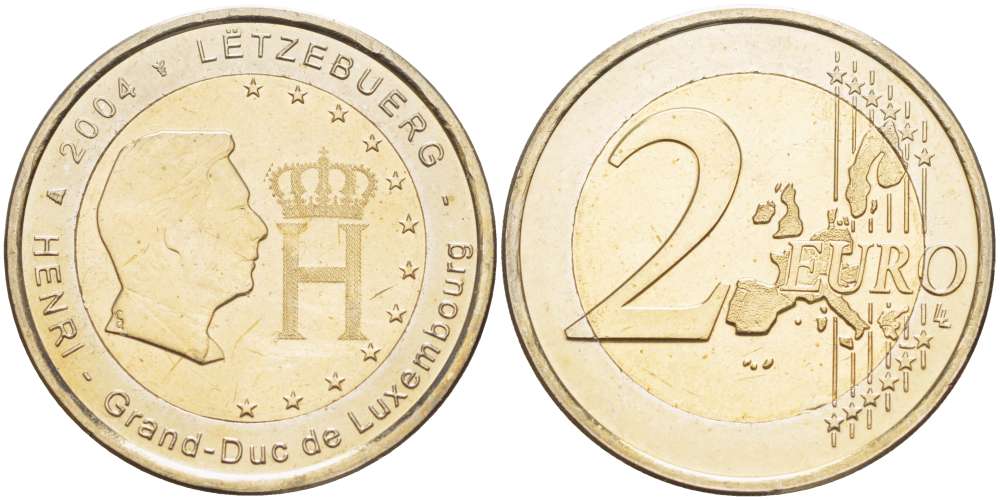 Люксембург 2 евро 2004 Портрет и монограмма герцога Люксембурга Анри Нассау KM 85 биметалл UNC 4517-645