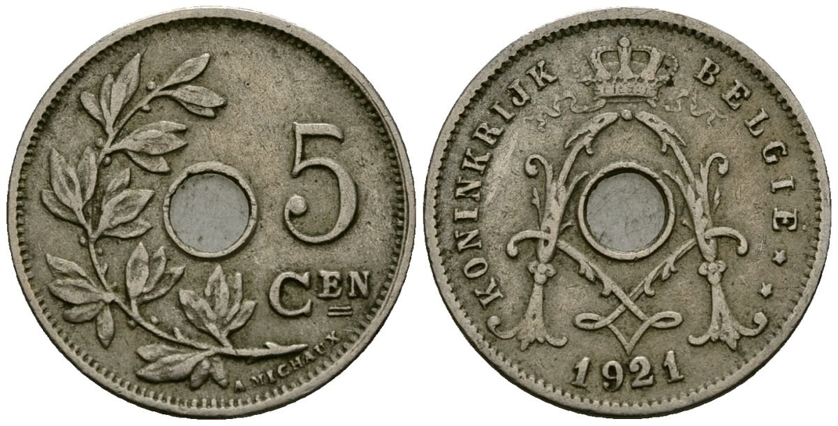 Бельгия 5 сантимов 1921 Belgie KM 67 медно-никель 4173-461