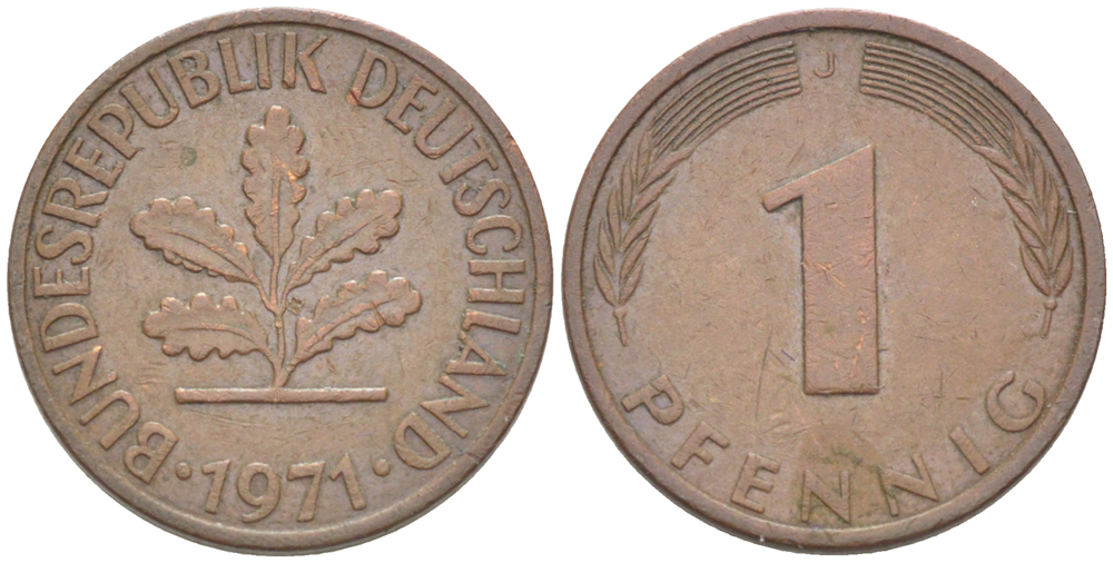 ФРГ 1 ПФЕННИГ 1971 J KM 105, J. 380 сталь плакированная медью 4181-561