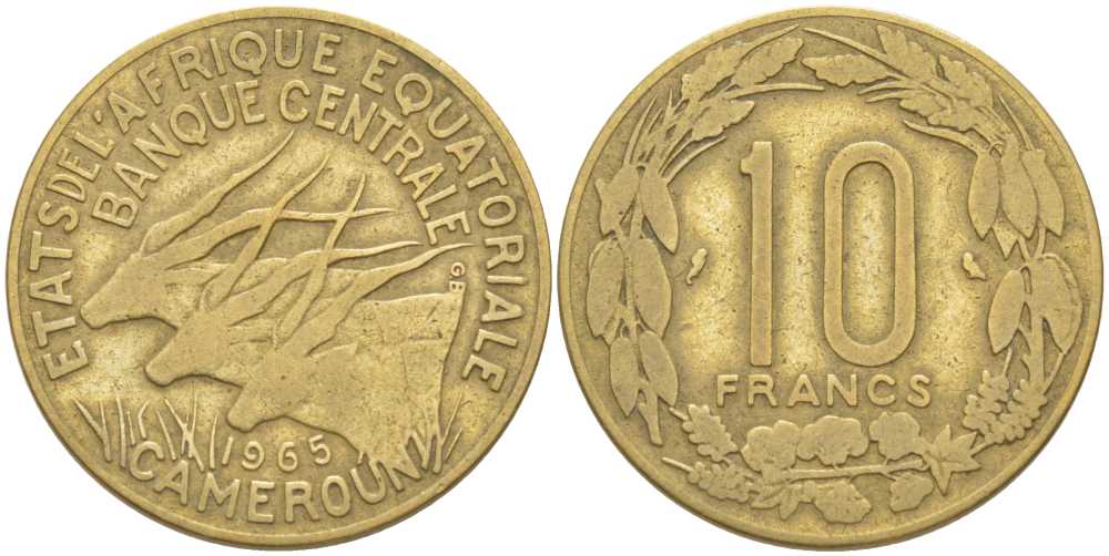 ВАЛЮТНЫЙ СОЮЗ СТРАН ЭКВАТОРИАЛЬНОЙ АФРИКИ 10 ФРАНКОВ 1965 КАМЕРУН KM 2а алюминий никель бронза 202-851